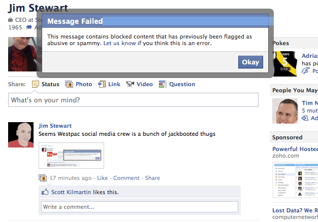 Facebook Westpac censorship