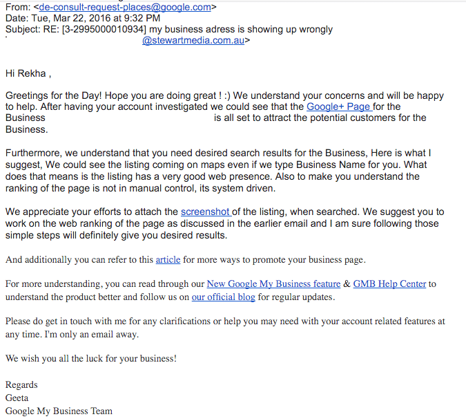 email from Google trying to help